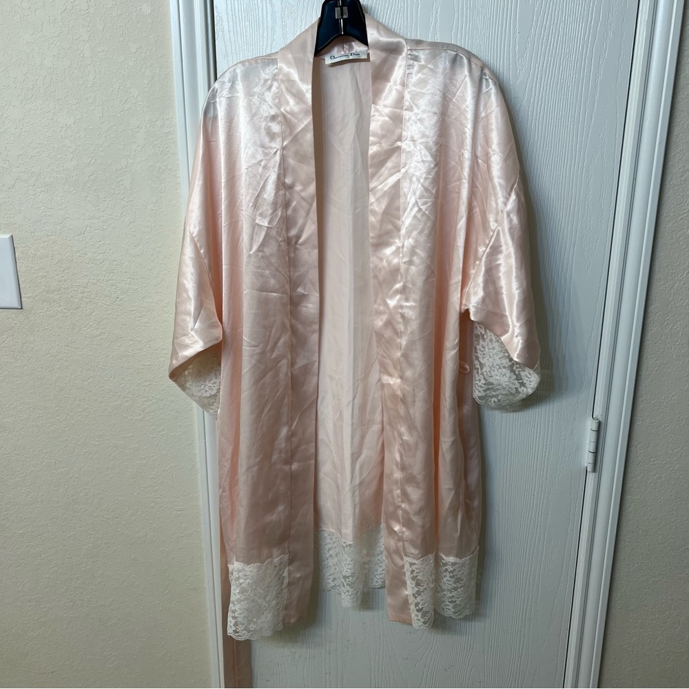 Christian Dior Vintage White Satin Night Robe, Lace Trim Loungewear, Women's L